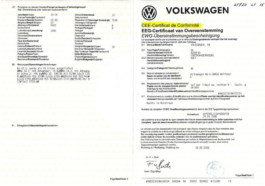 Certificat de conformité Européen Volkswgen gratuit