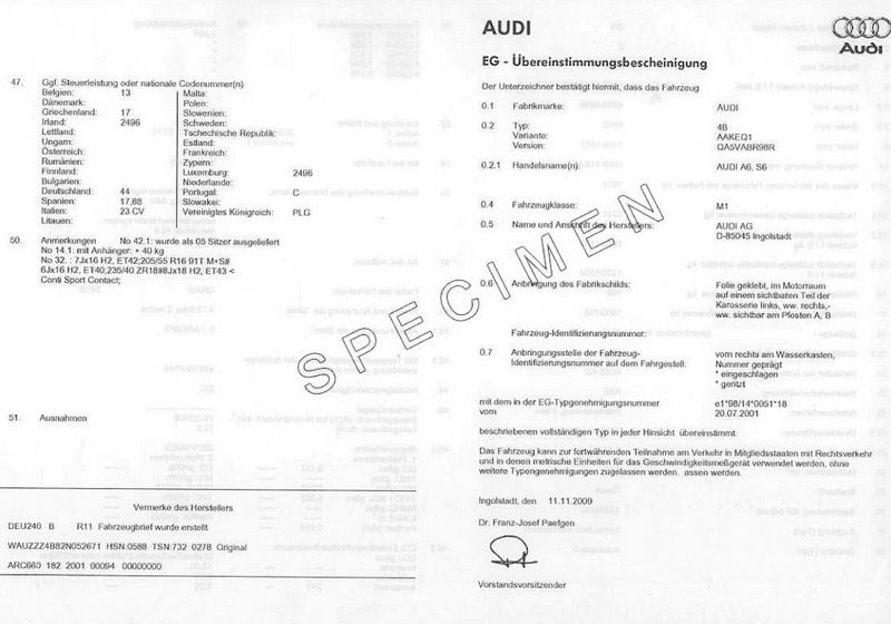 Exemple certificat de conformité Audi  V8
