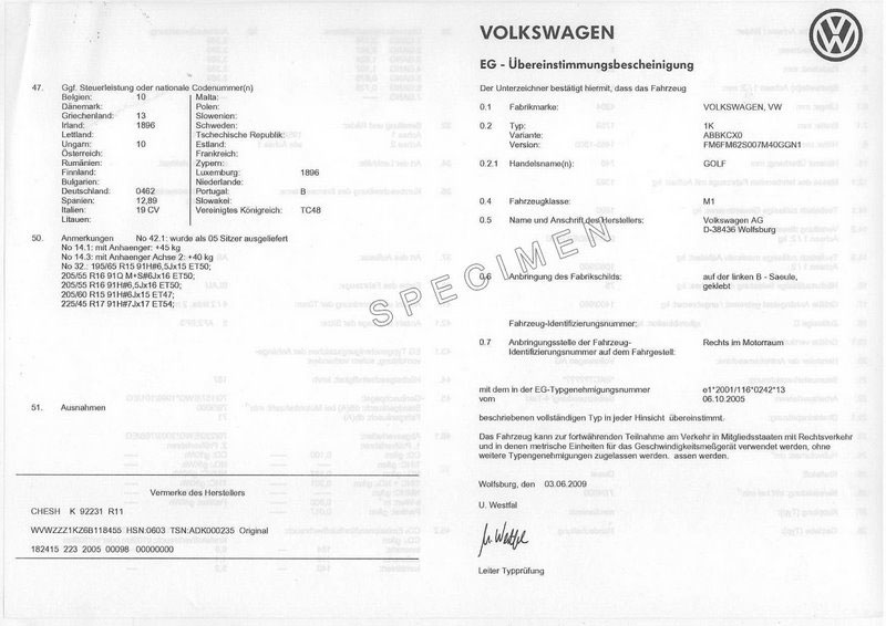 Exemple certificat de conformité VW Crossgolf